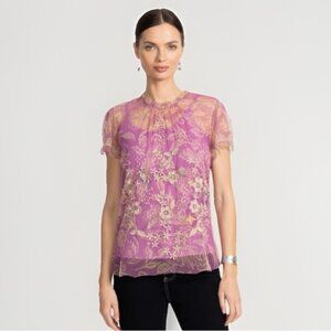 Johnny Was Mazzy Embroidered Mesh Floral Blouse NWT Sheer Lavender Size Large